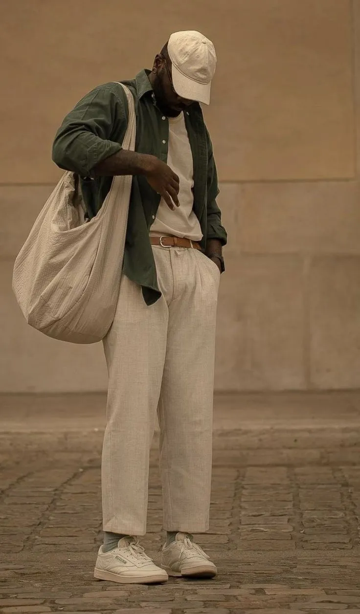 camisa masculina verde sobrepondo uma camisa off white em look streetstyle fashion