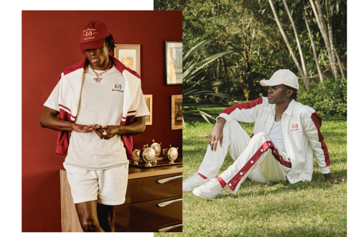 modelo com roupas brancas e vermelhas